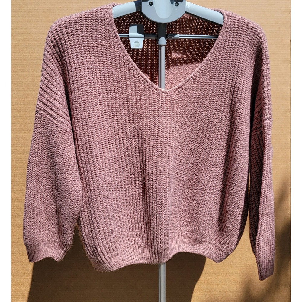 Luna Ivy Dusty Rose Pink V-Neck Shaker Knit Oversized Sweater Womens M/L Slouchy